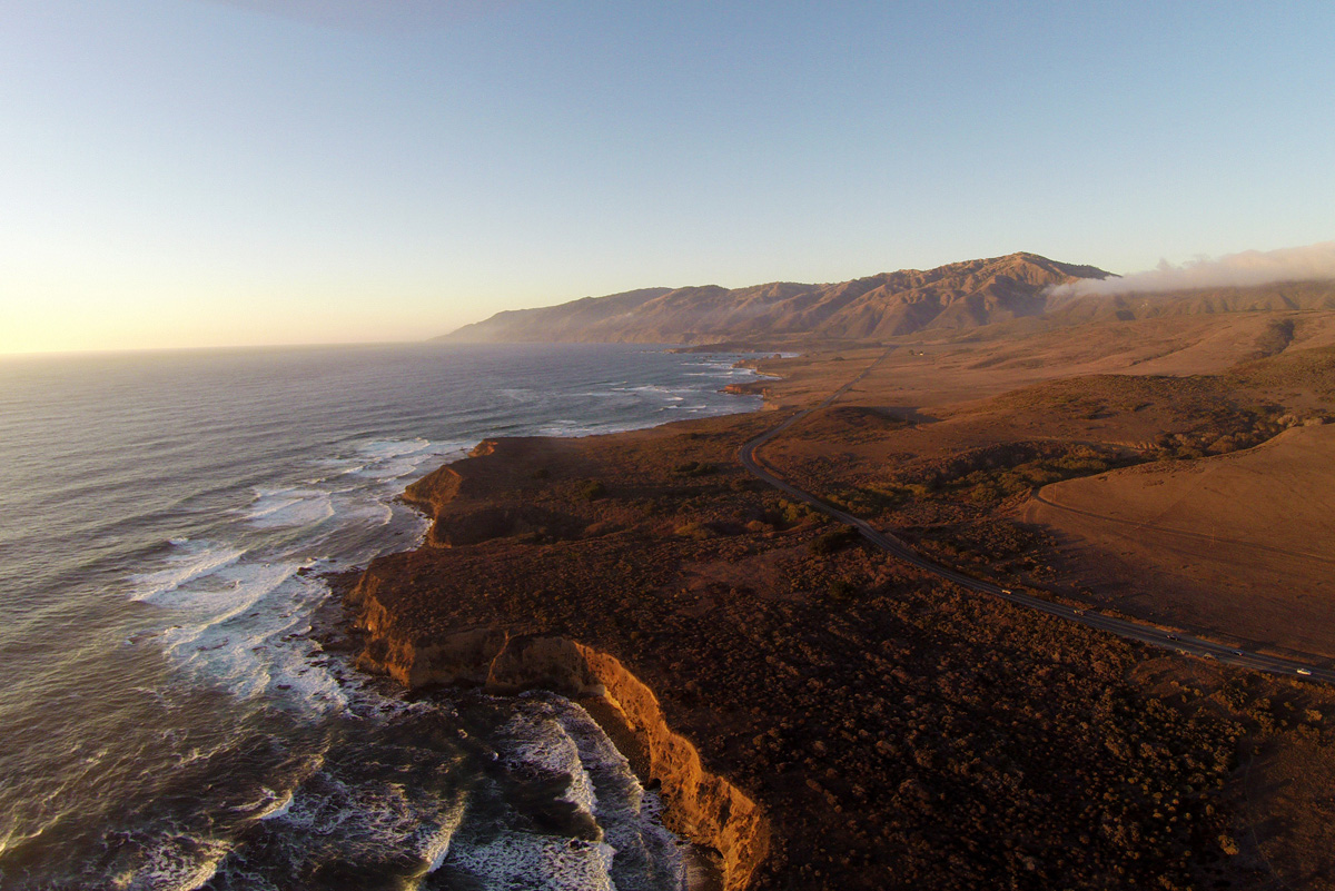 Aerial coverage extending north from Cambria toward the Big Sur coastline